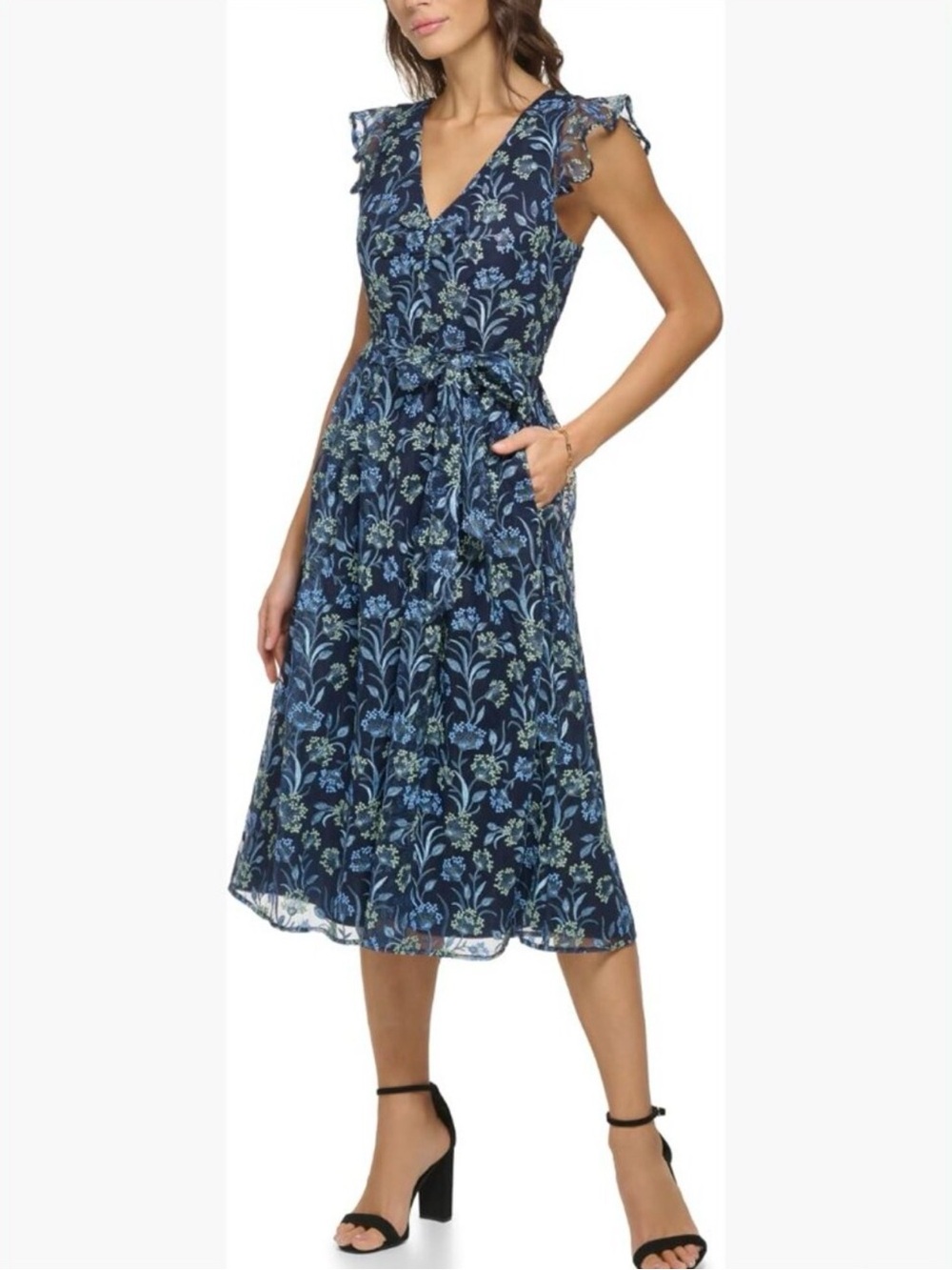 Kensie Navy Blue Floral Embroidered V-Neck Midi Dress NWT